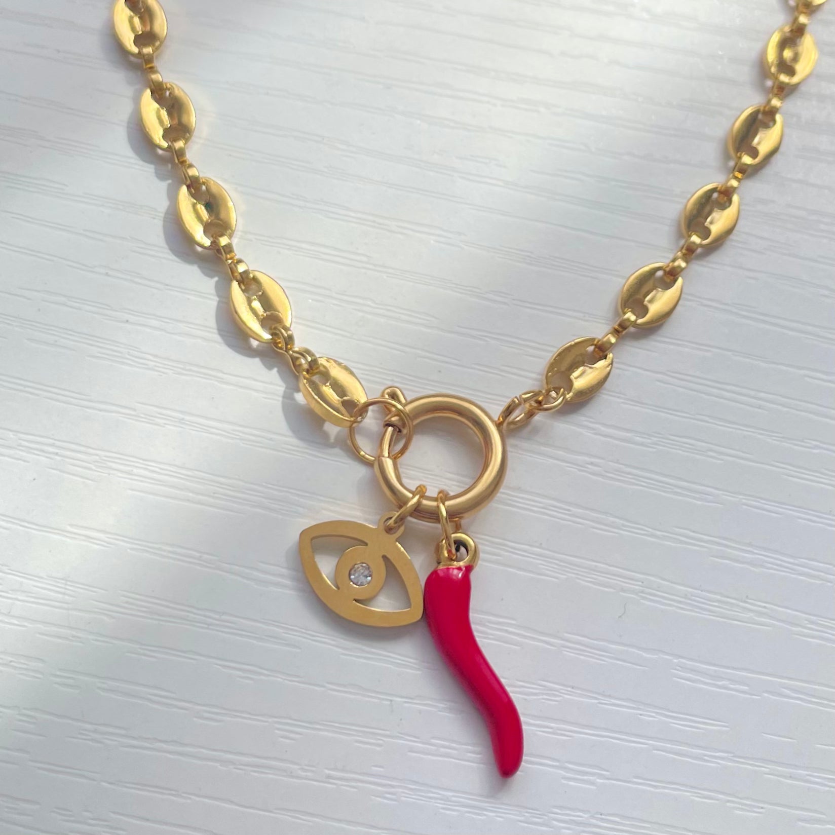 Crystal Eye Charm with Chilli Charm and charm bracelet