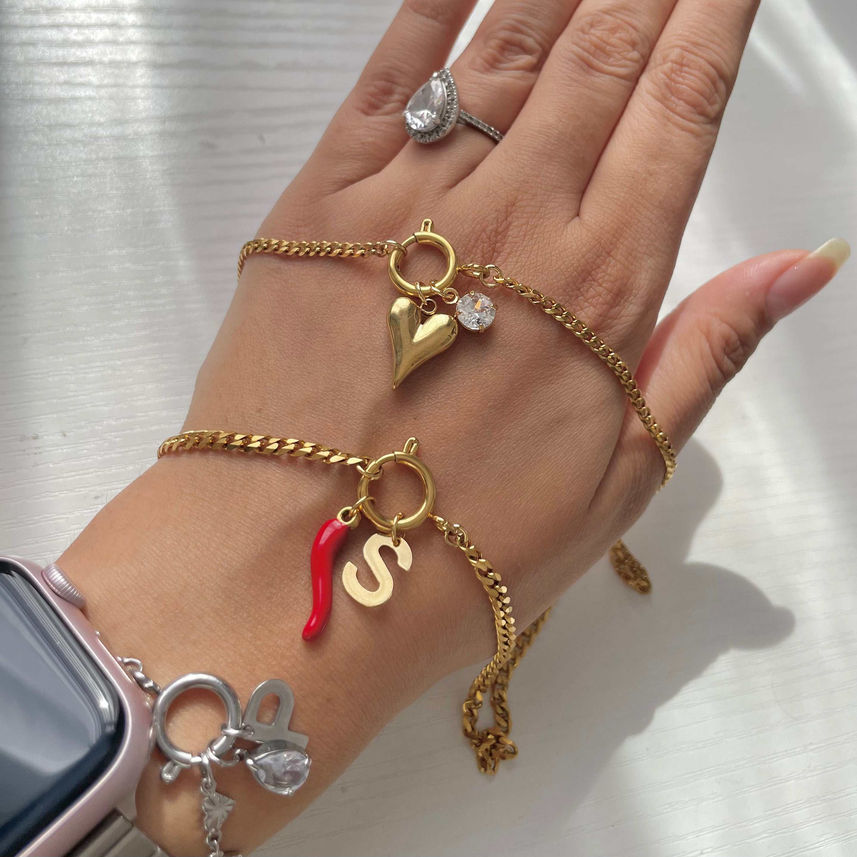Gold Charm Necklaces with Chilli Charm Initial Charm Heart Charm