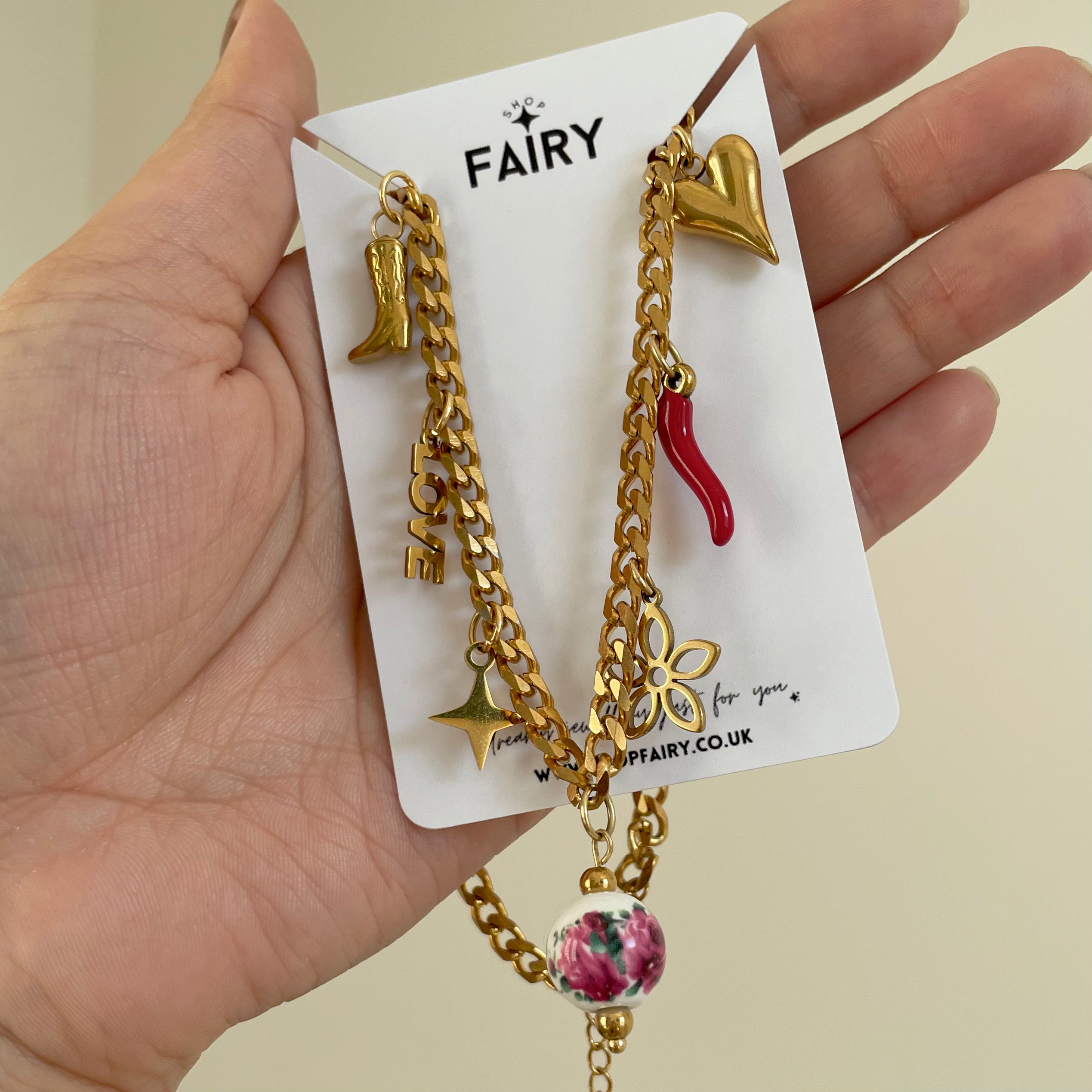 Multi Charm Necklace with charms tarnish free chilli charm heart charm cowboy boot charm