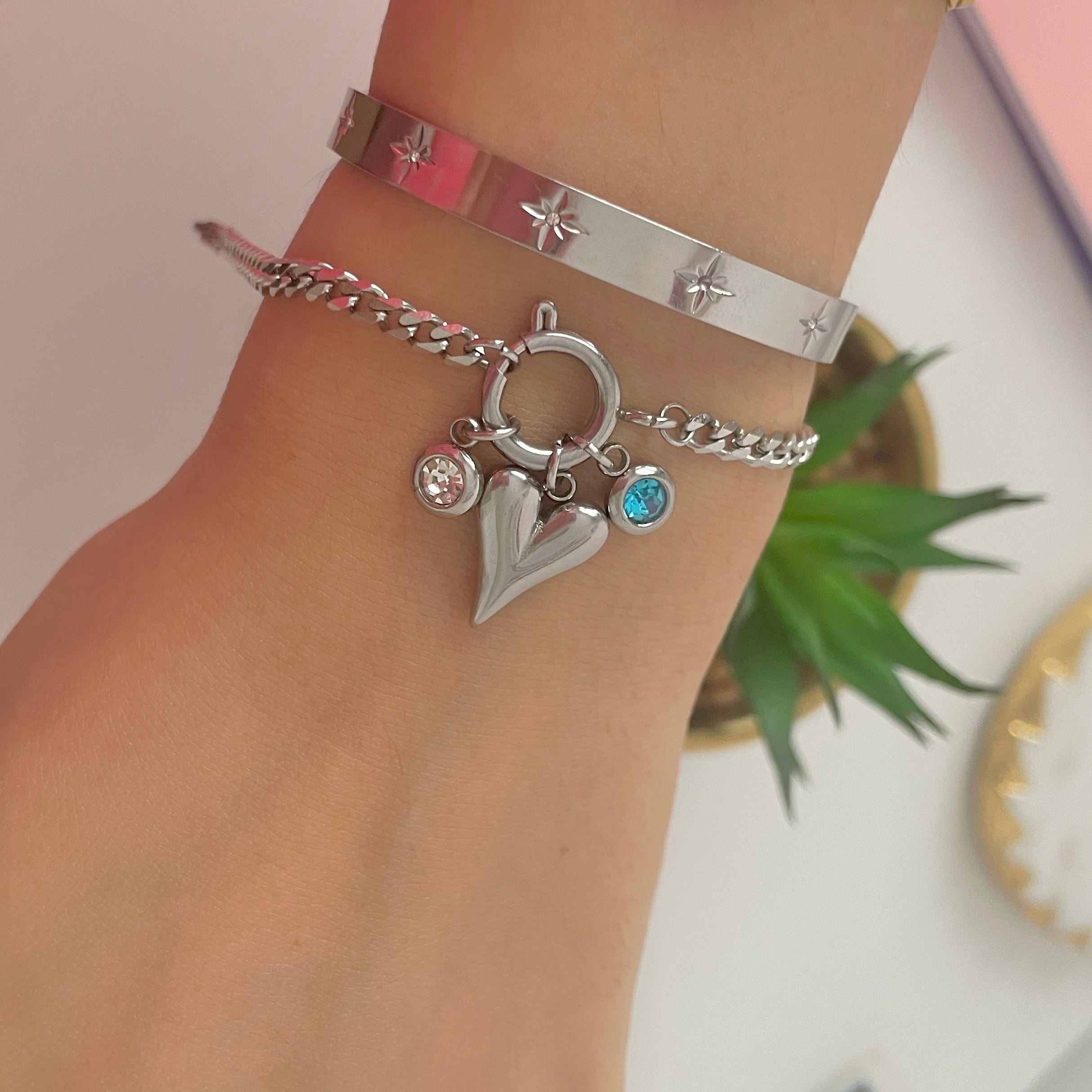 charm bracelet with heart charm and cuff