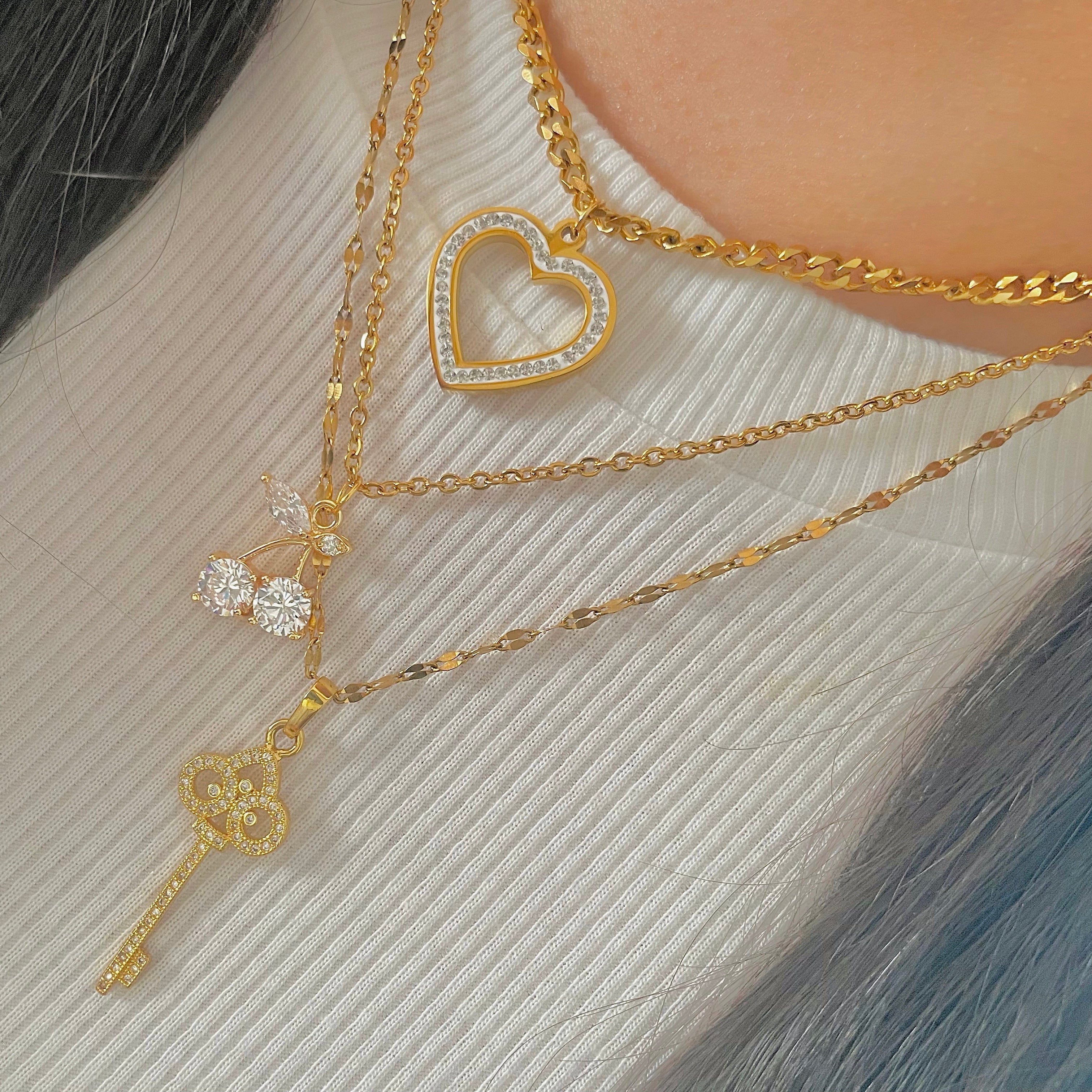 gold cherry necklace heart necklace