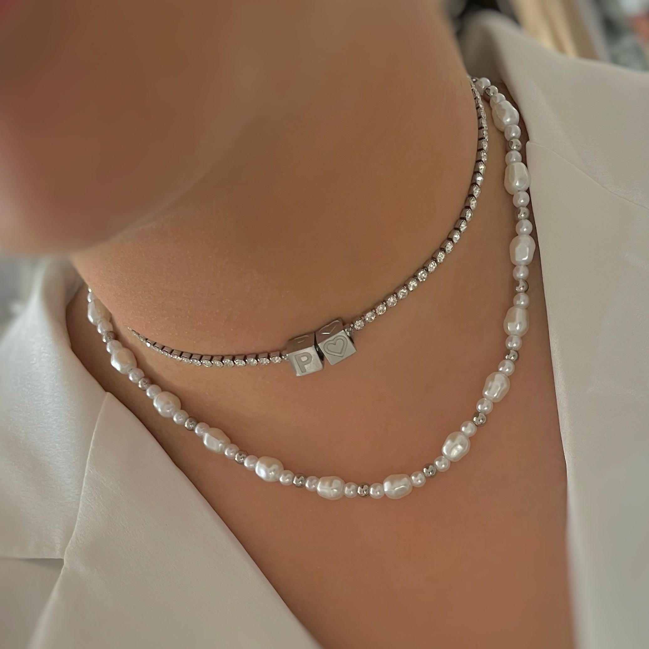 cube initial necklace and pearl necklace