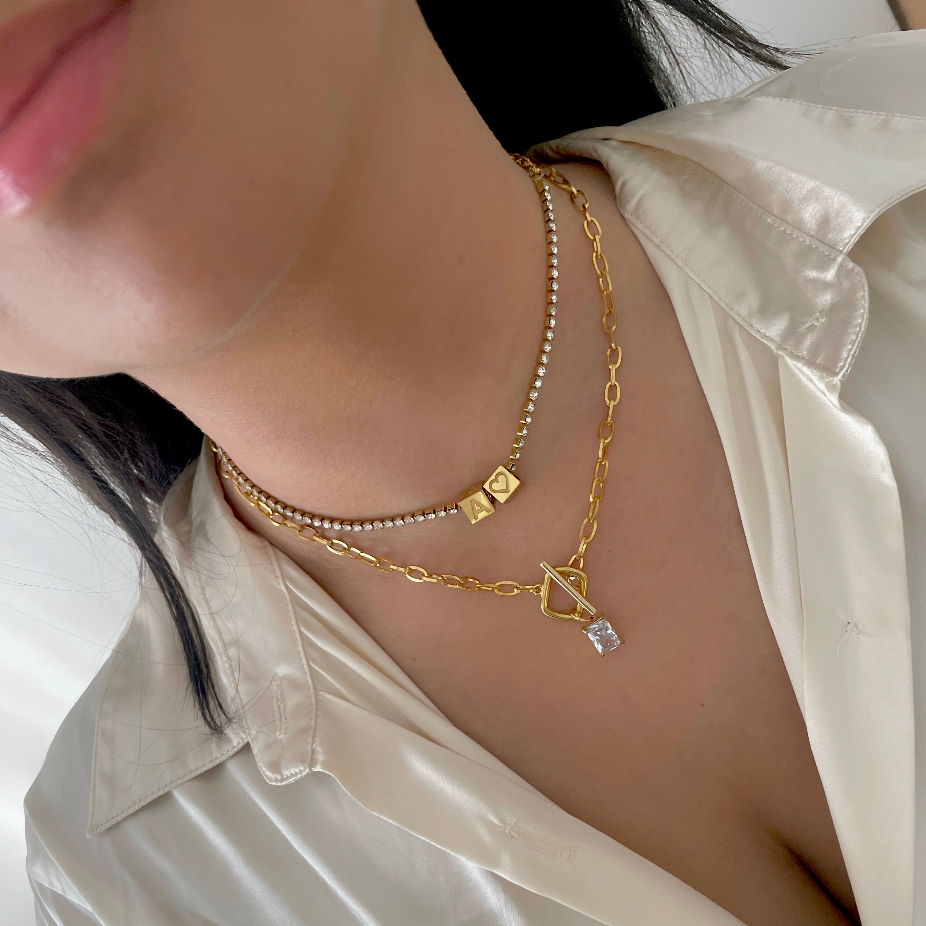 tennis necklace with gold cube initial necklaces
