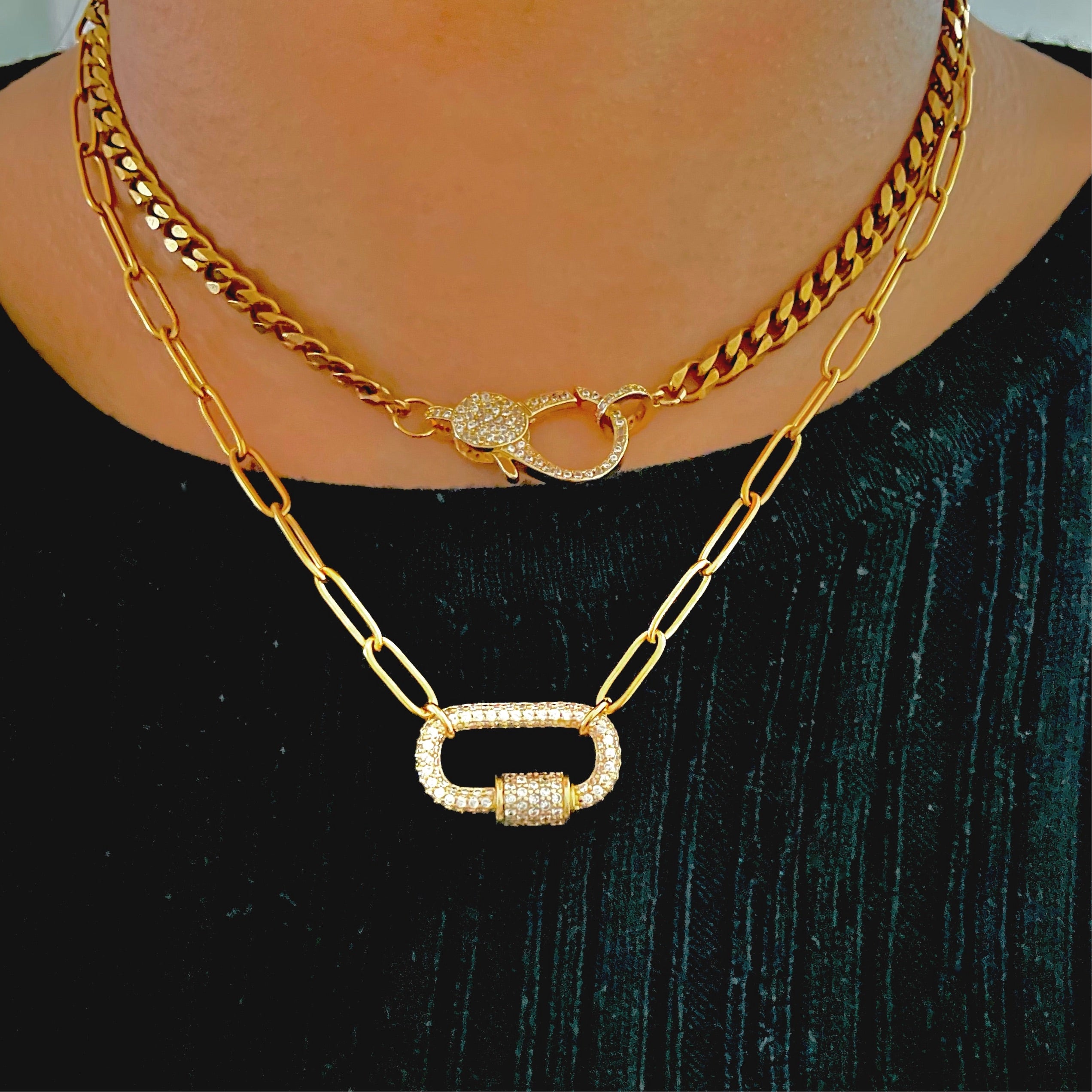 crystal clasp gold necklace stack