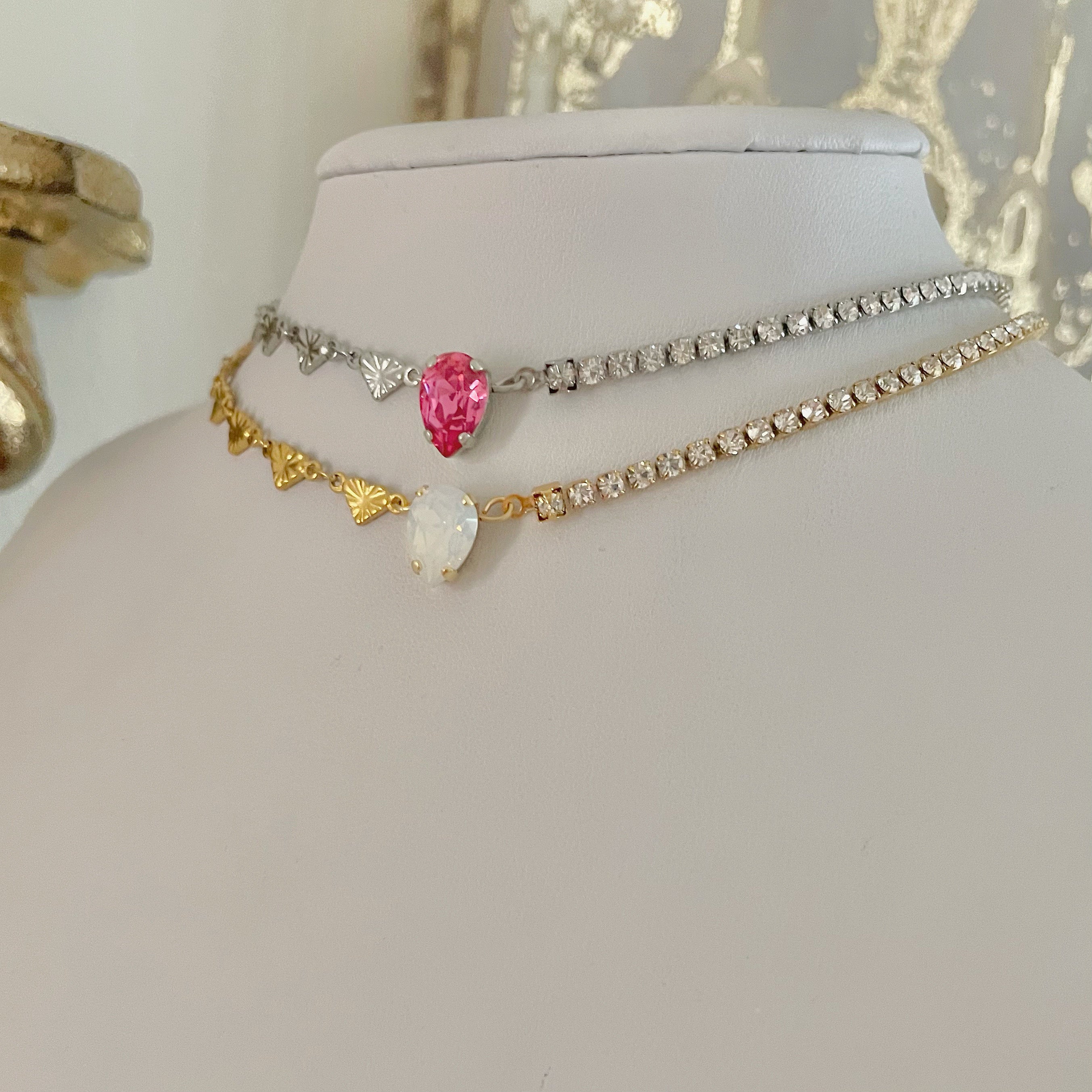 dainty tennis necklace with hearts and crystals