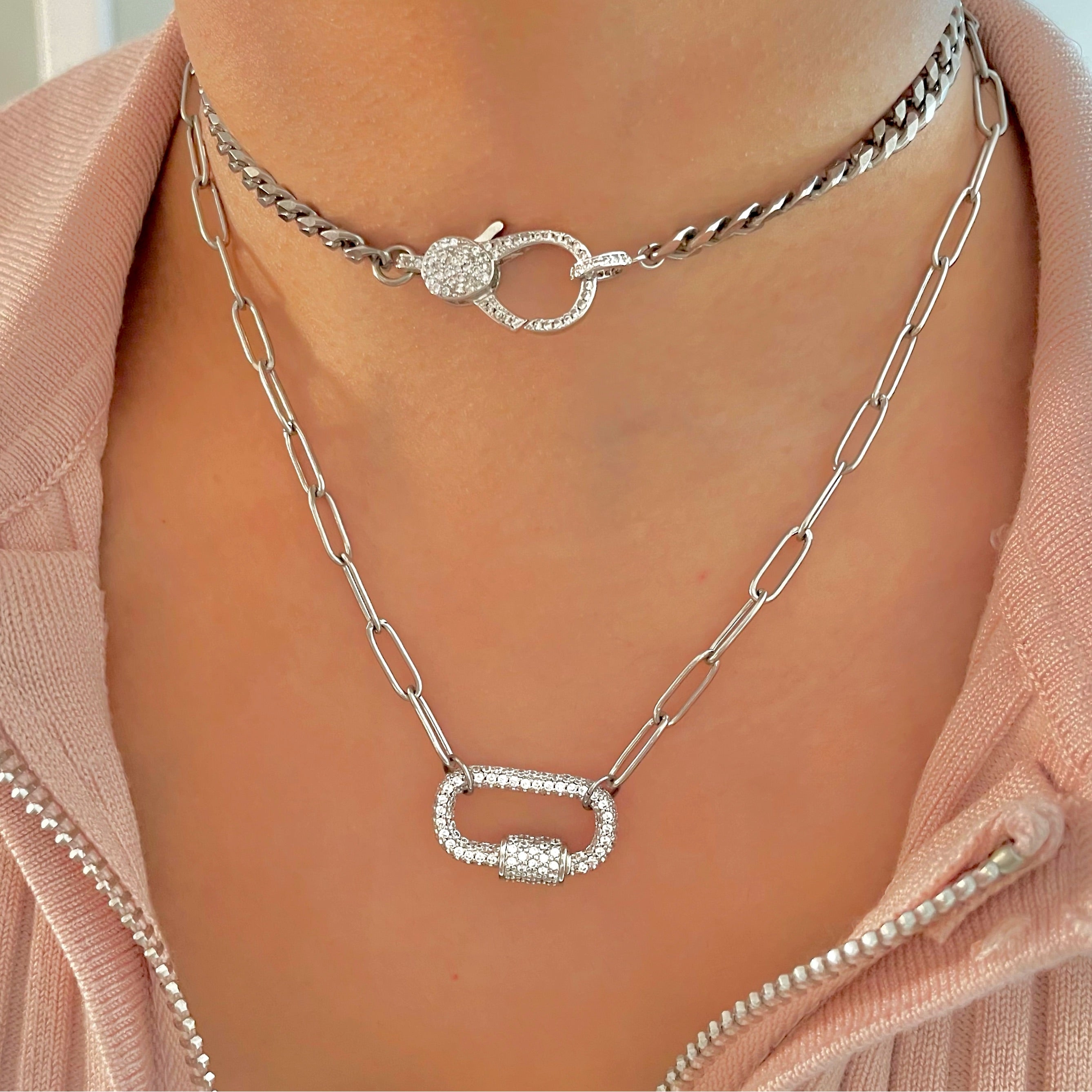 silver crystal clasp necklace stack