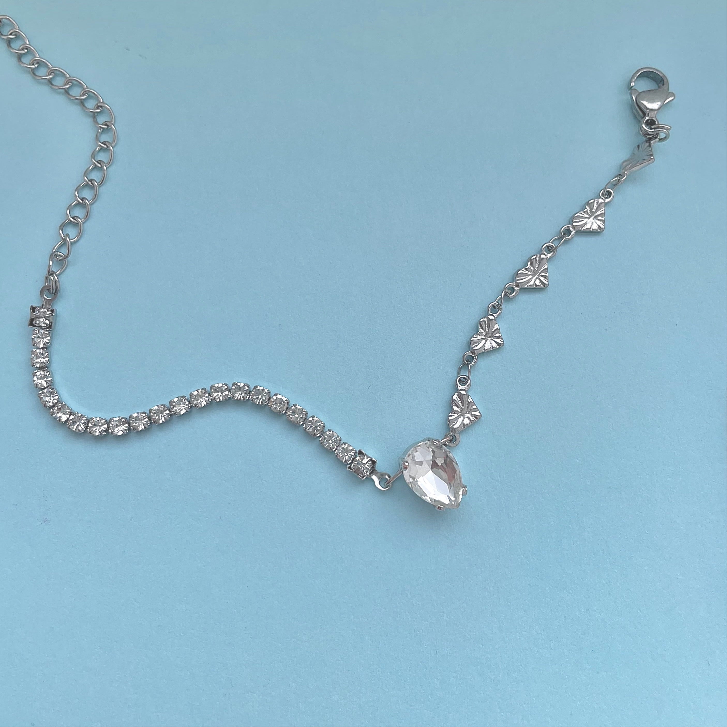 silver crystal tennis necklace with pear crystal