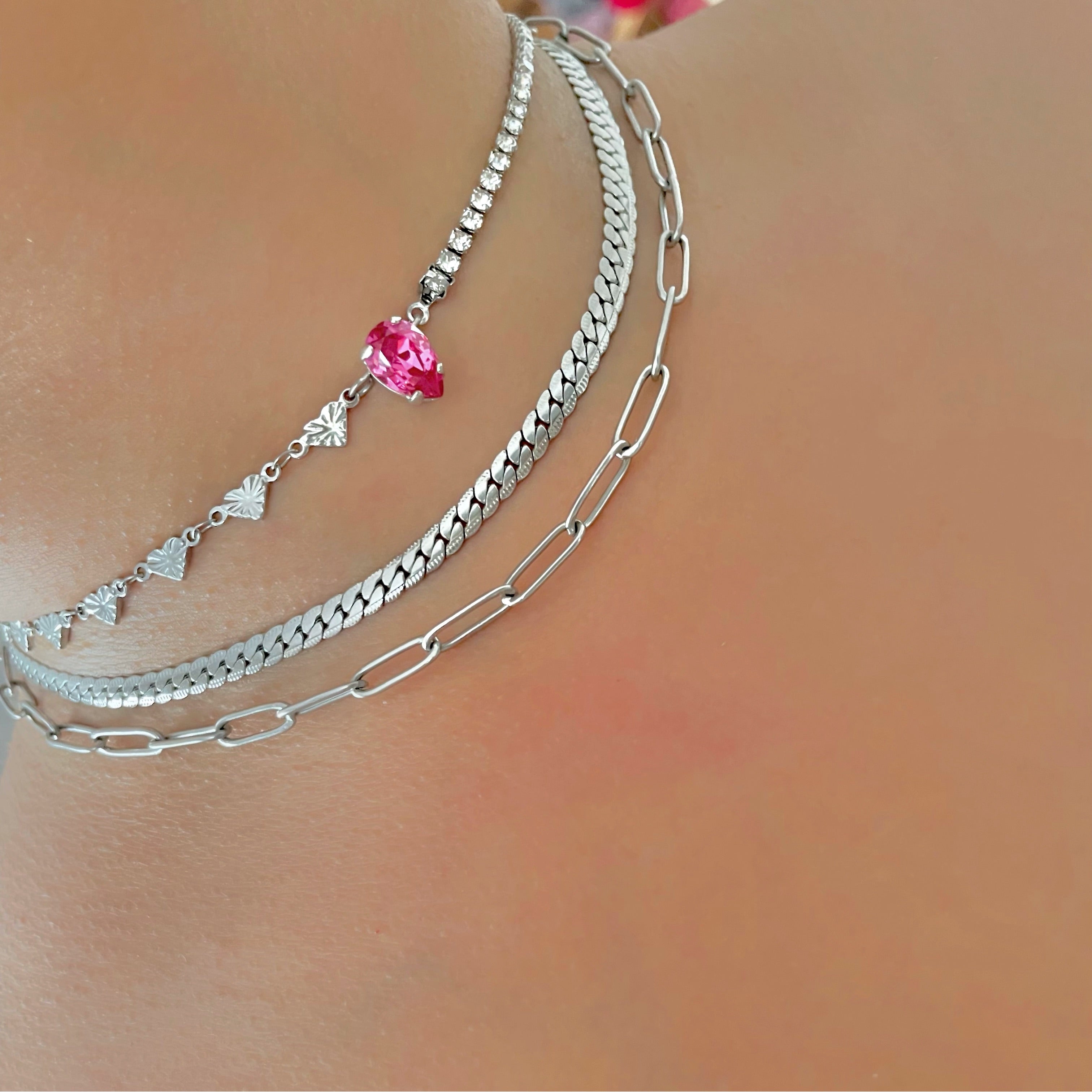 dainty tennis necklace with hearts and crystals