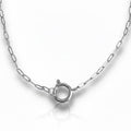 A silver dainty link charm necklace with a round clasp displayed against a white background.