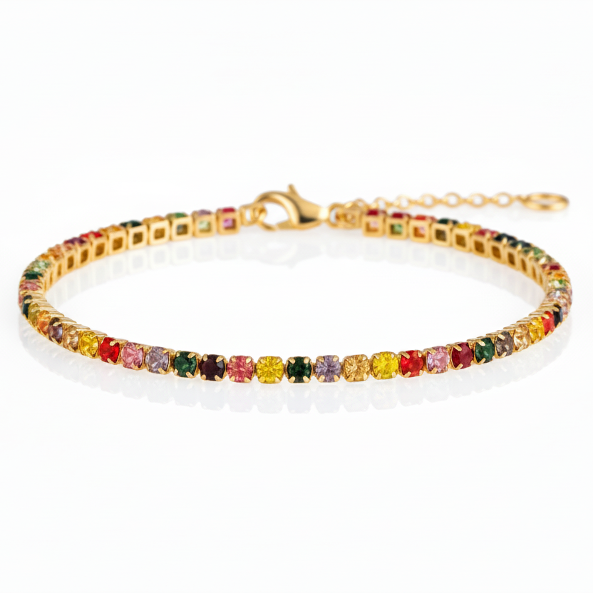 Multicolored gemstone bracelet on a gold band against a white background