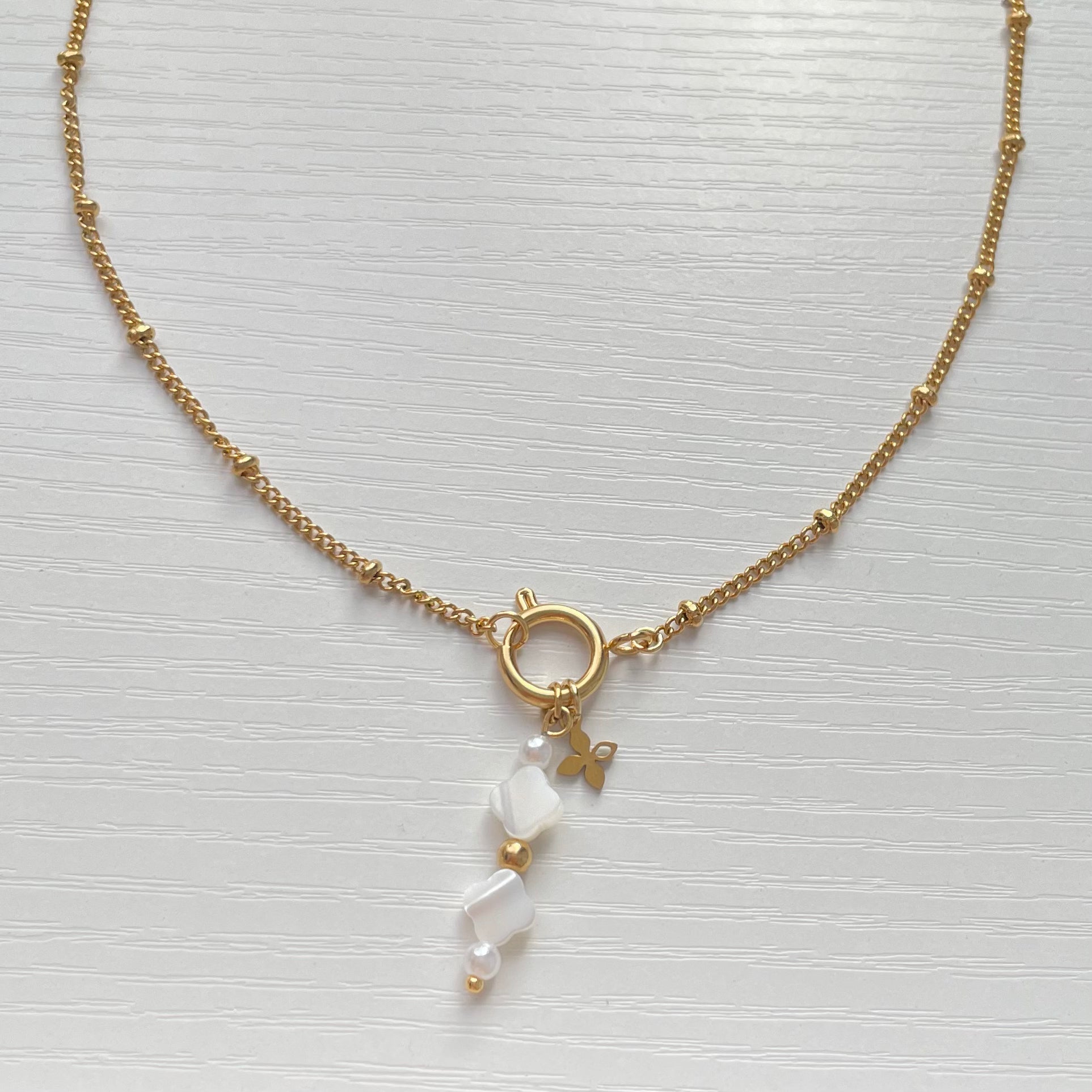 Dainty Satellite Charm Necklace Gold with Clover Pearl Charm