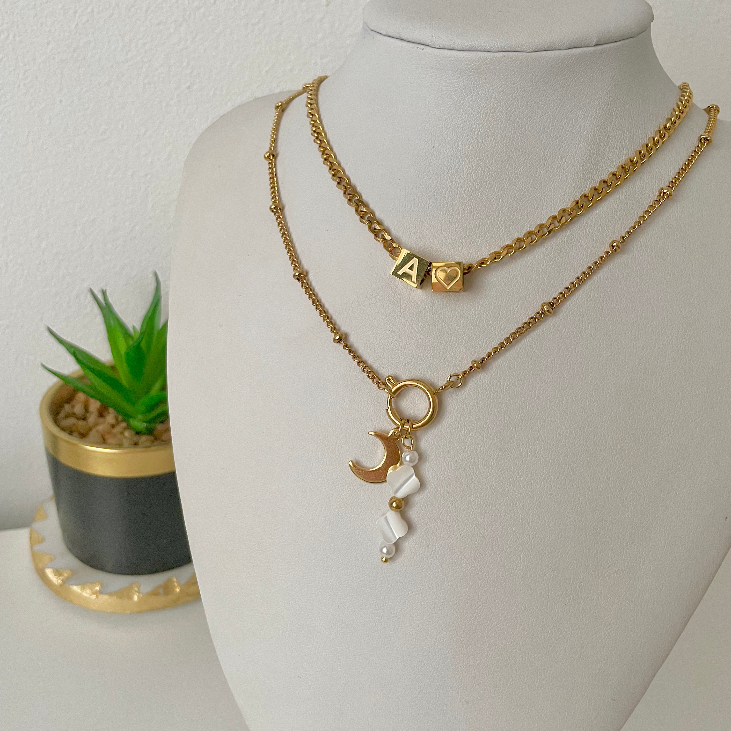 Dice Initial Necklace and Charm Necklace with moon charm