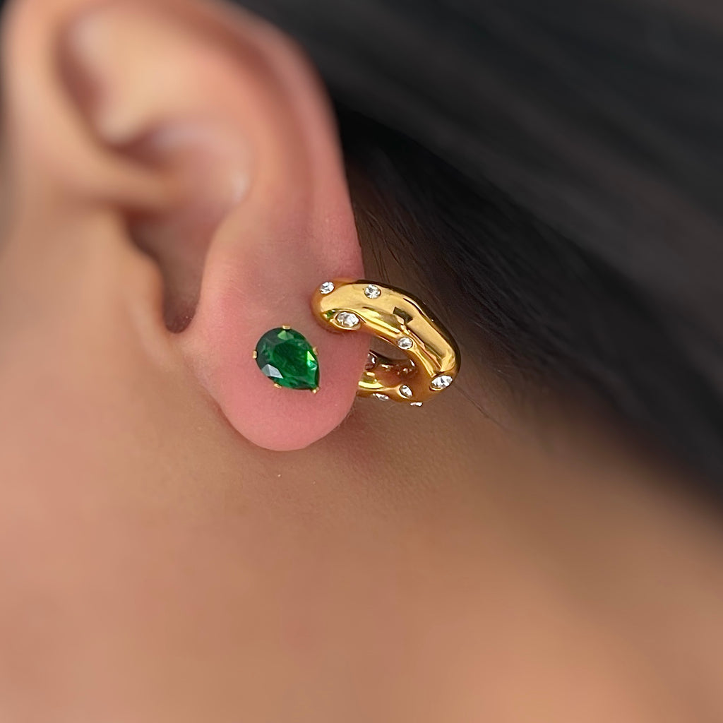 Emerald green pear studs with ice Crystal Hoops