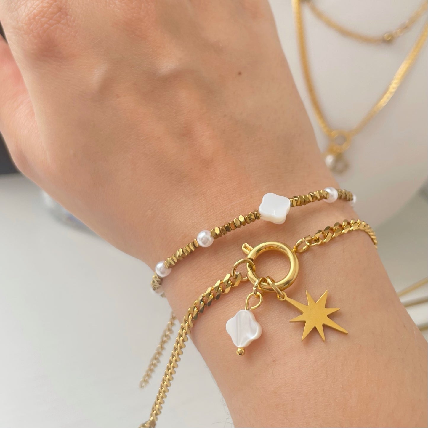 Fortune Clover Bracelet and gold charm bracelet