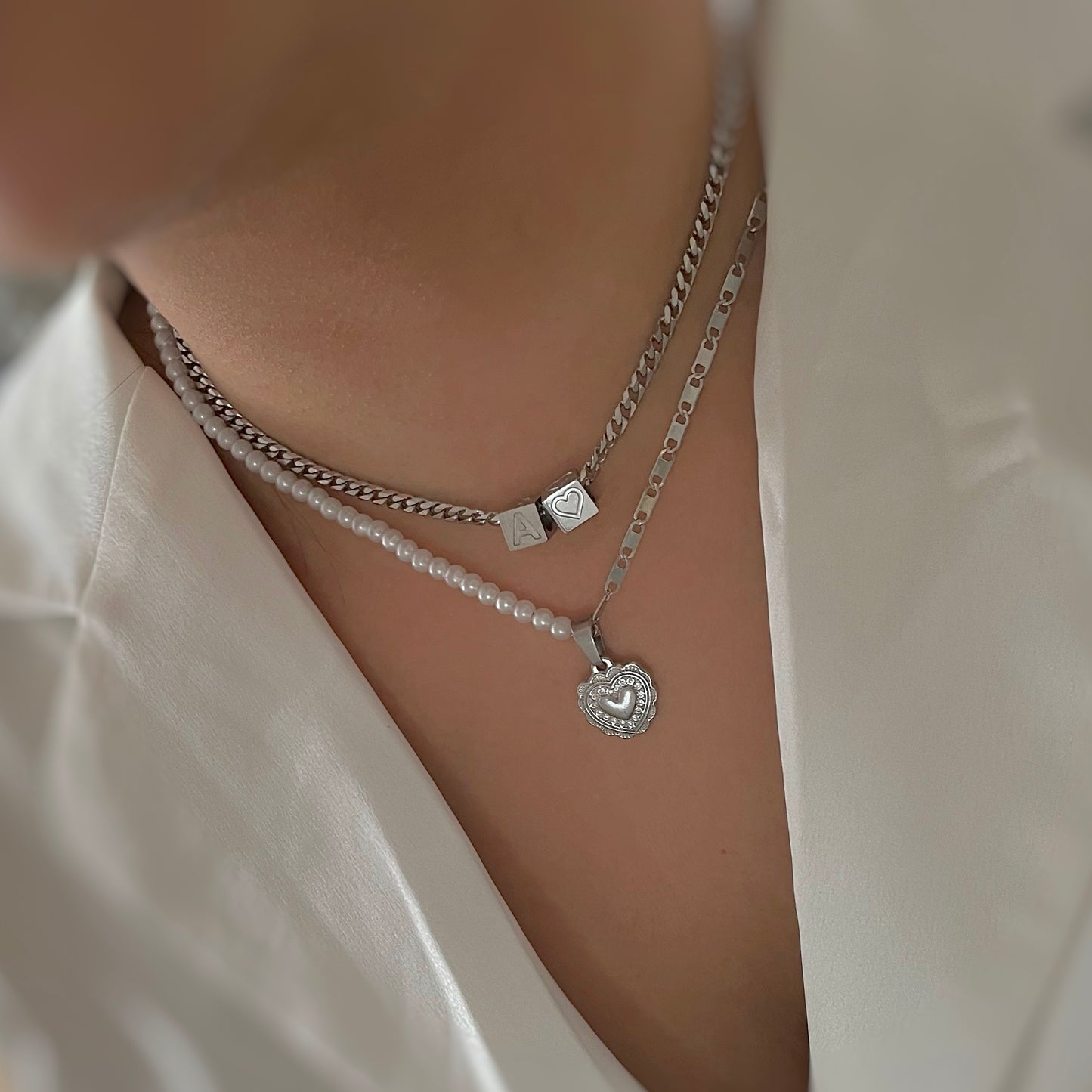 cube initial necklace and pearl necklace