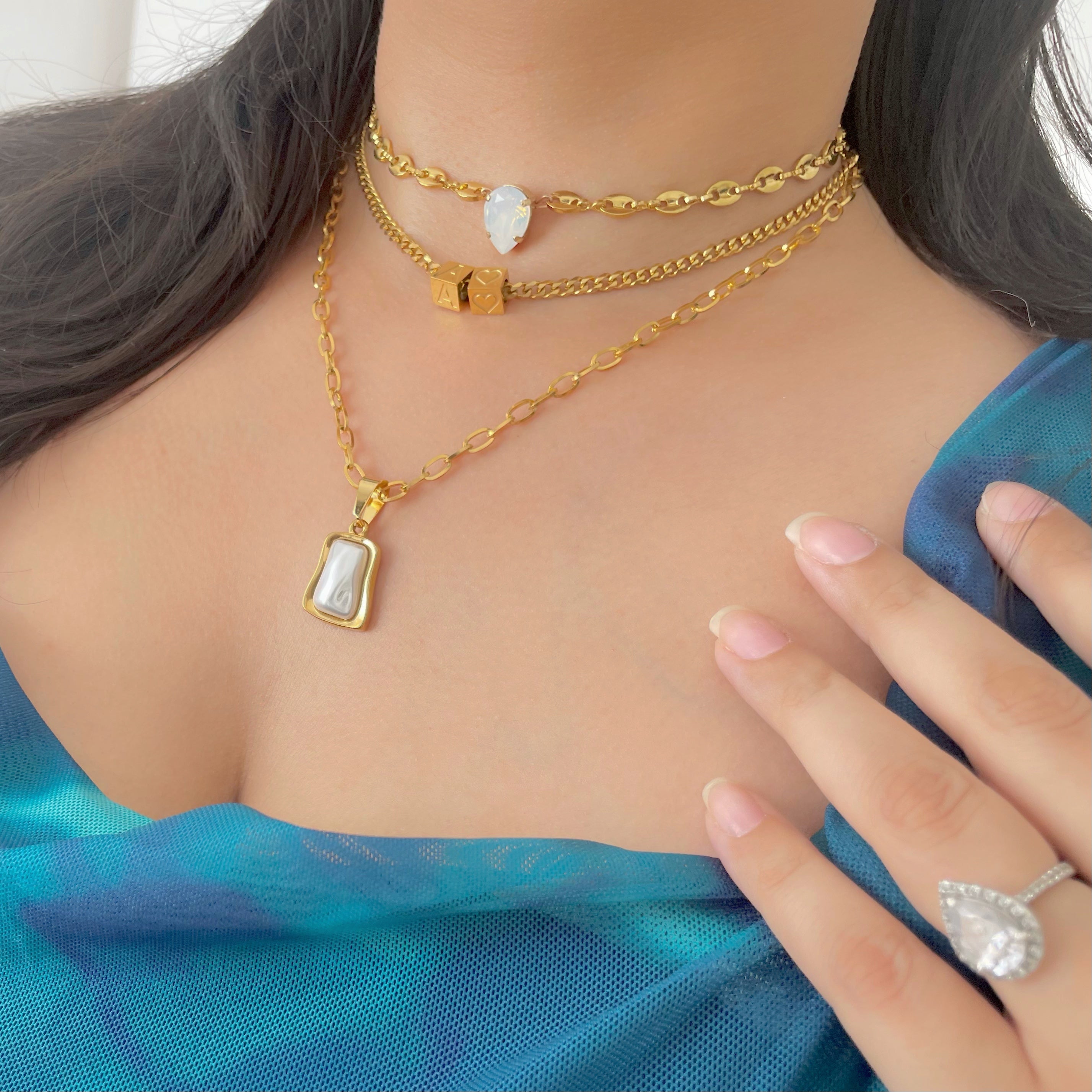 GOLD pearl necklace stack