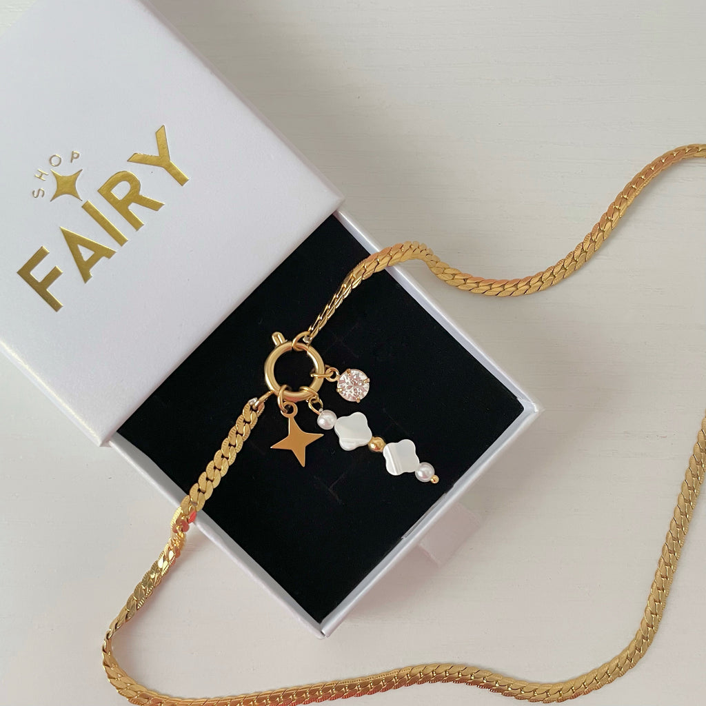 Gleaming Charm Necklace Gold with Diamond Star Charm and Clover Pearl Charm