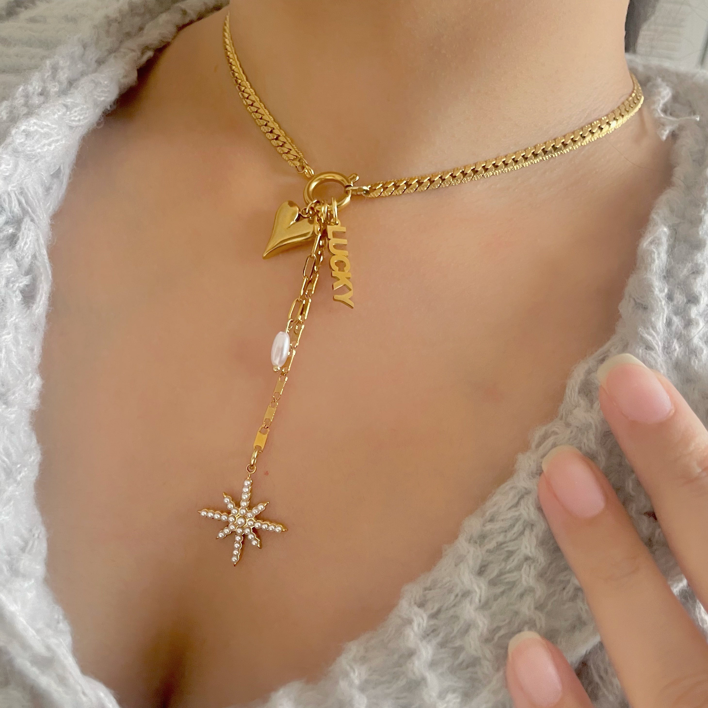 Gold Pearl Star Lariat Charm
