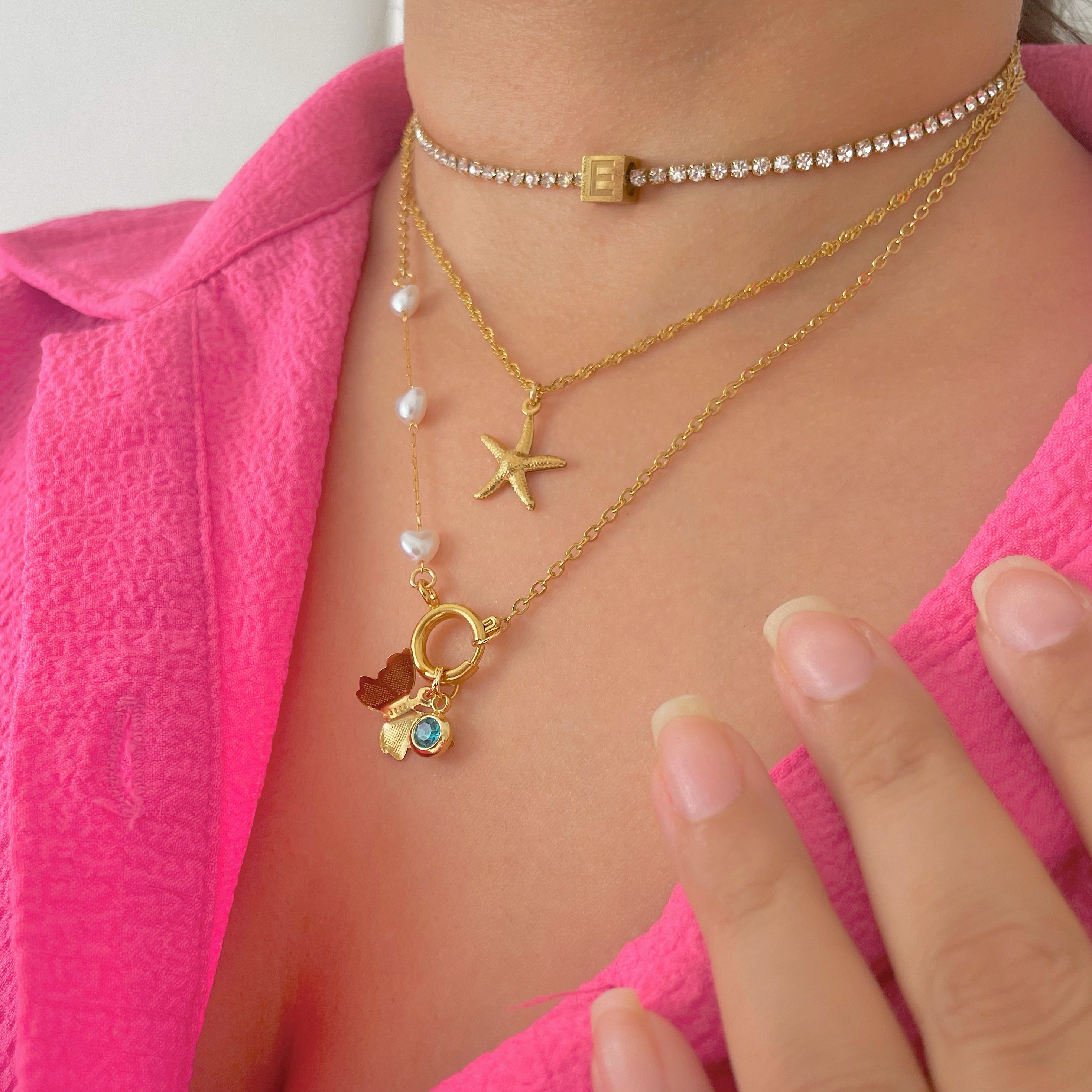 Gold Charm Necklace with butterfly charm and birthtone charm, starfish necklace, initial necklace