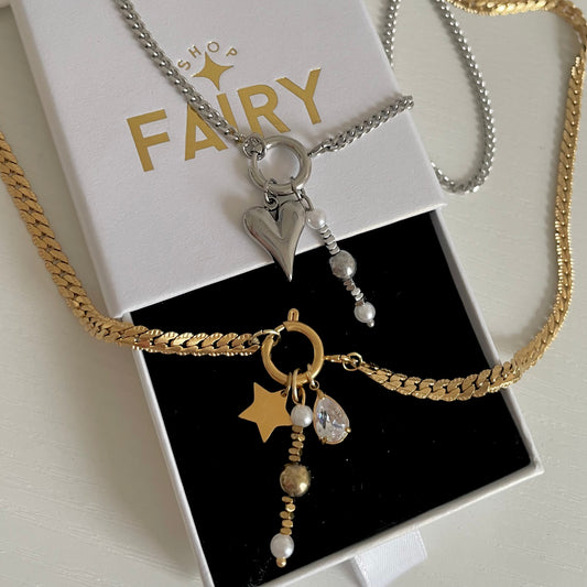 Gold charm necklace and silver charm necklace