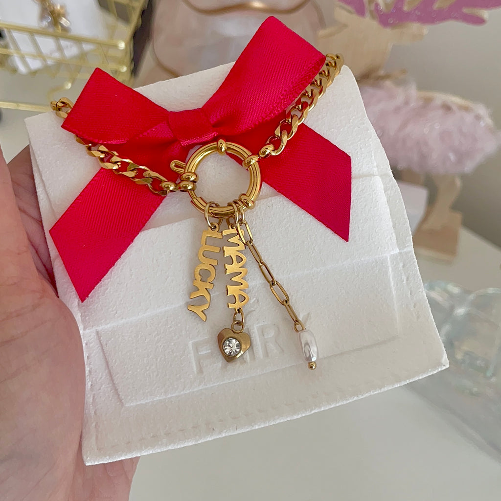 Grand Cuban Charm Necklace Gold with Mama Charm and Pearl Charm and Lucky Charm