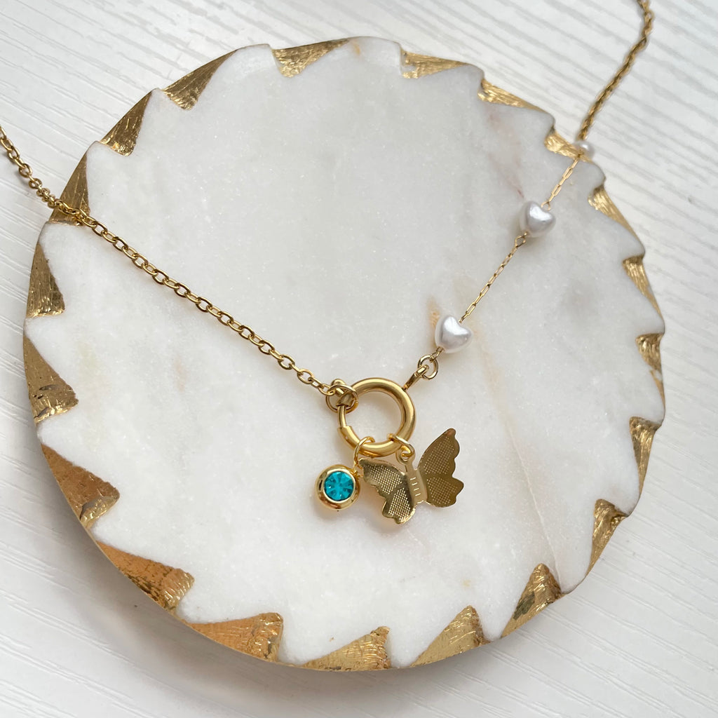 Heart pearl charm necklace with birthstone charm and butterfly charm 