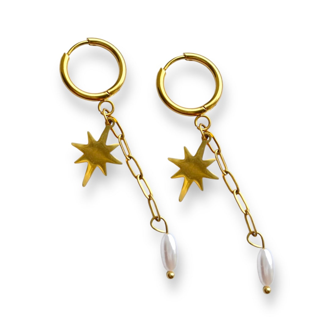 Gold Celestial Pearl Drop Hoops