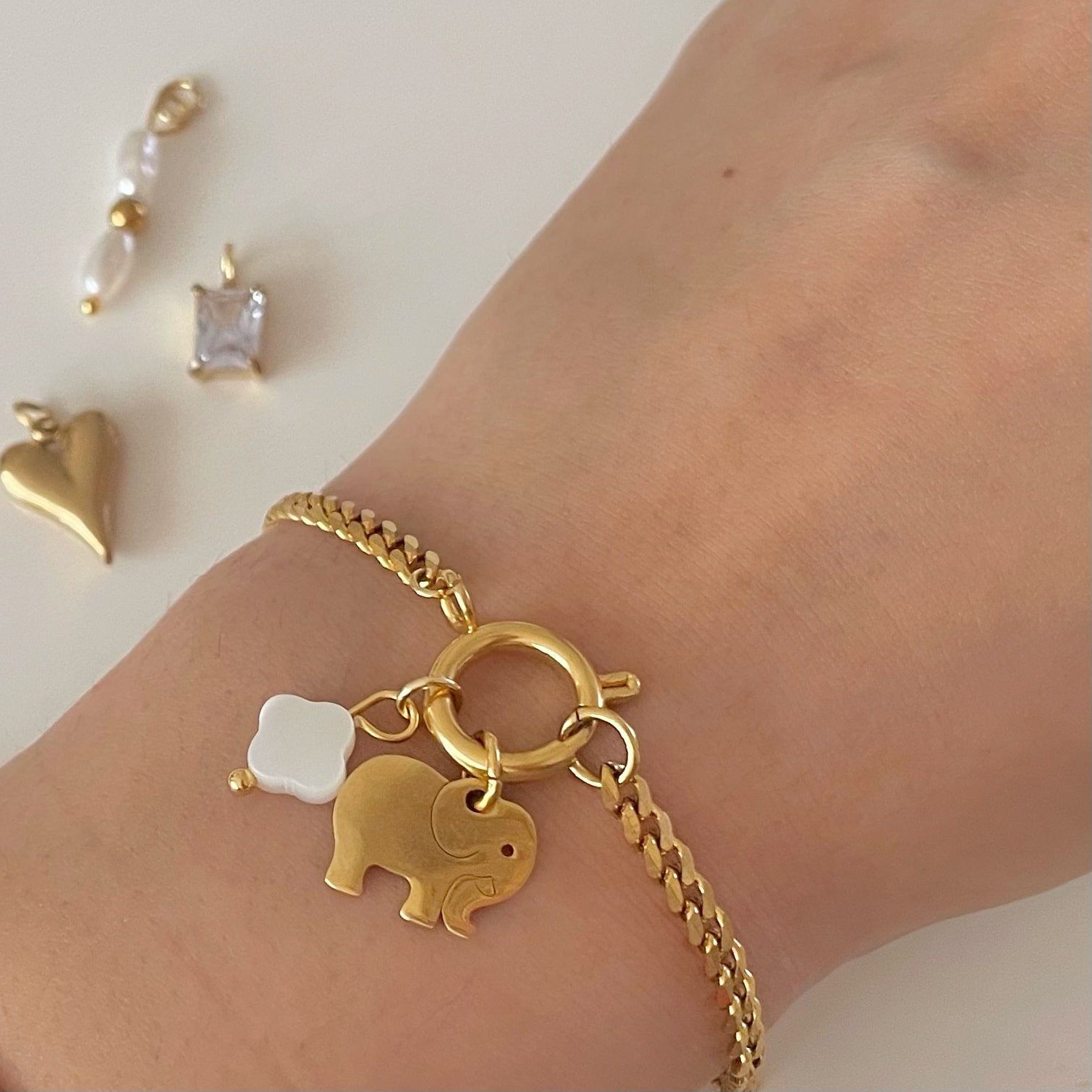 Mini Cuban Charm Bracelet Gold with Elephant Charm and Clover Pearl Charm