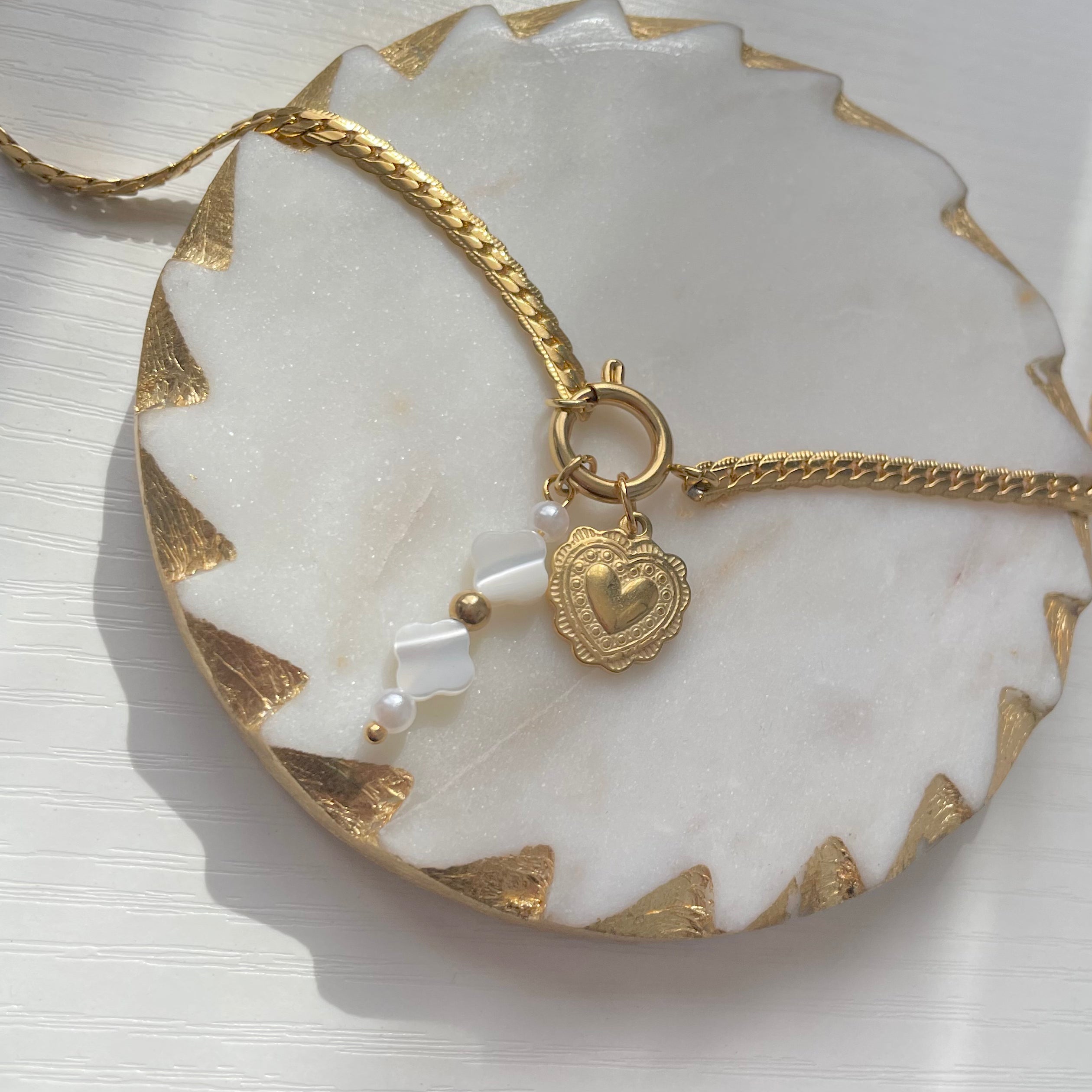 Old School Love Charm with clover pearl charm on a charm necklace