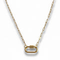 A gold dainty link charm necklace with an oval clasp, displayed against a white background.