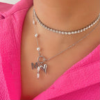 Pearl Hearts Charm Necklace Silver with Tennis Necklace