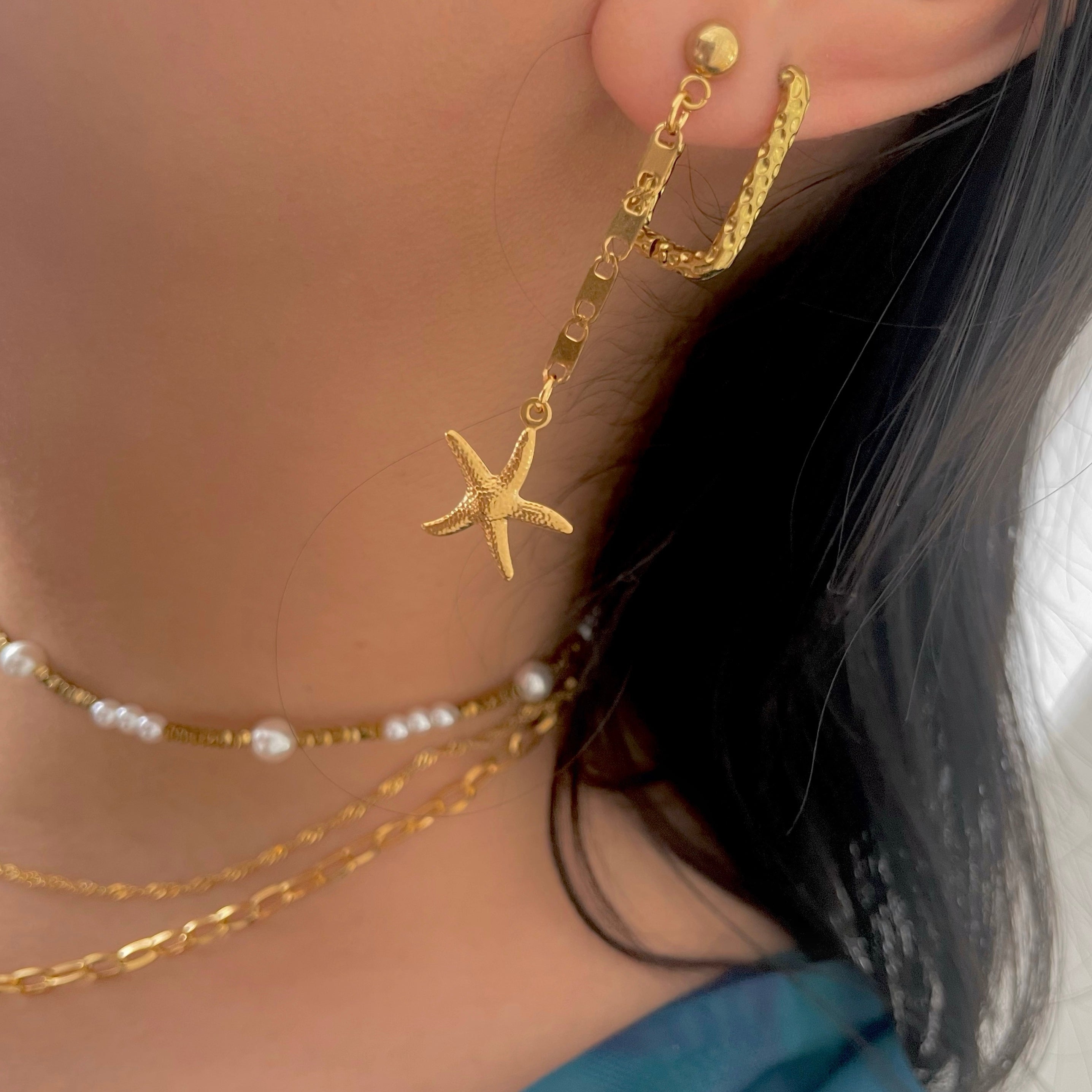 Rectangle Textured Hoops Earrings with Starfish EARRINGS