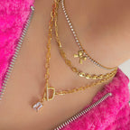 Ribbon Tennis Necklace with a gold necklace stack