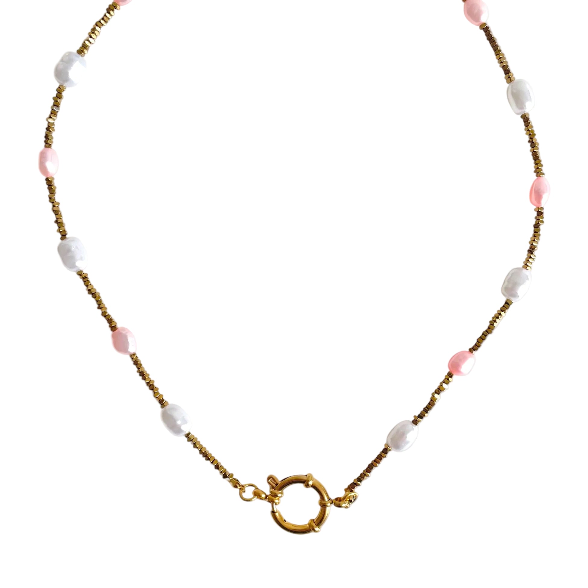 Necklace with pink and white beads on a white background