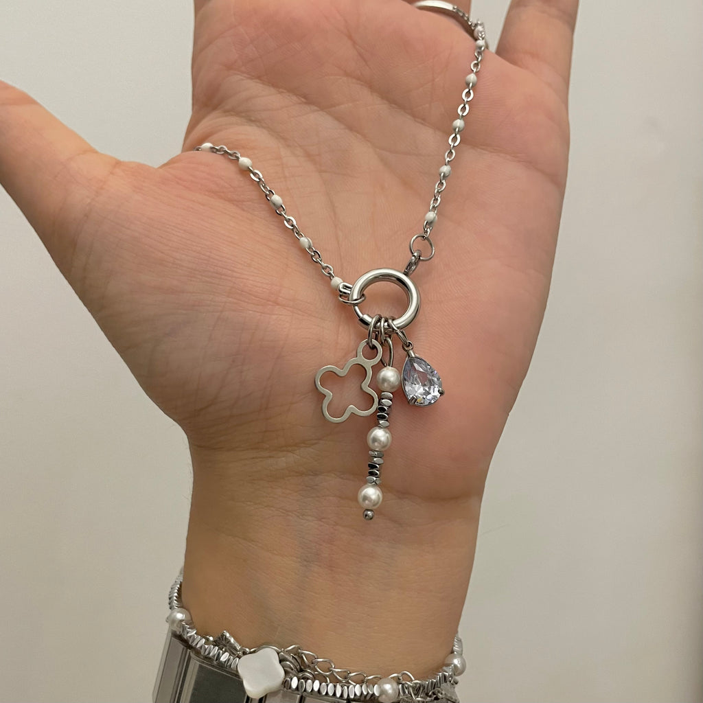 Silver Charm Necklace with clover charm, pear charm