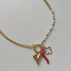 Starlight Pearl Charm Necklace Gold with Chilli harm Clover Charm and Heart Charm