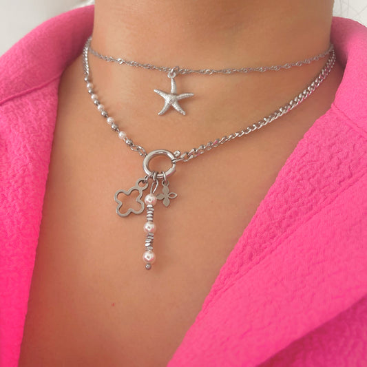 Starlight Pearl Charm Necklace Silver