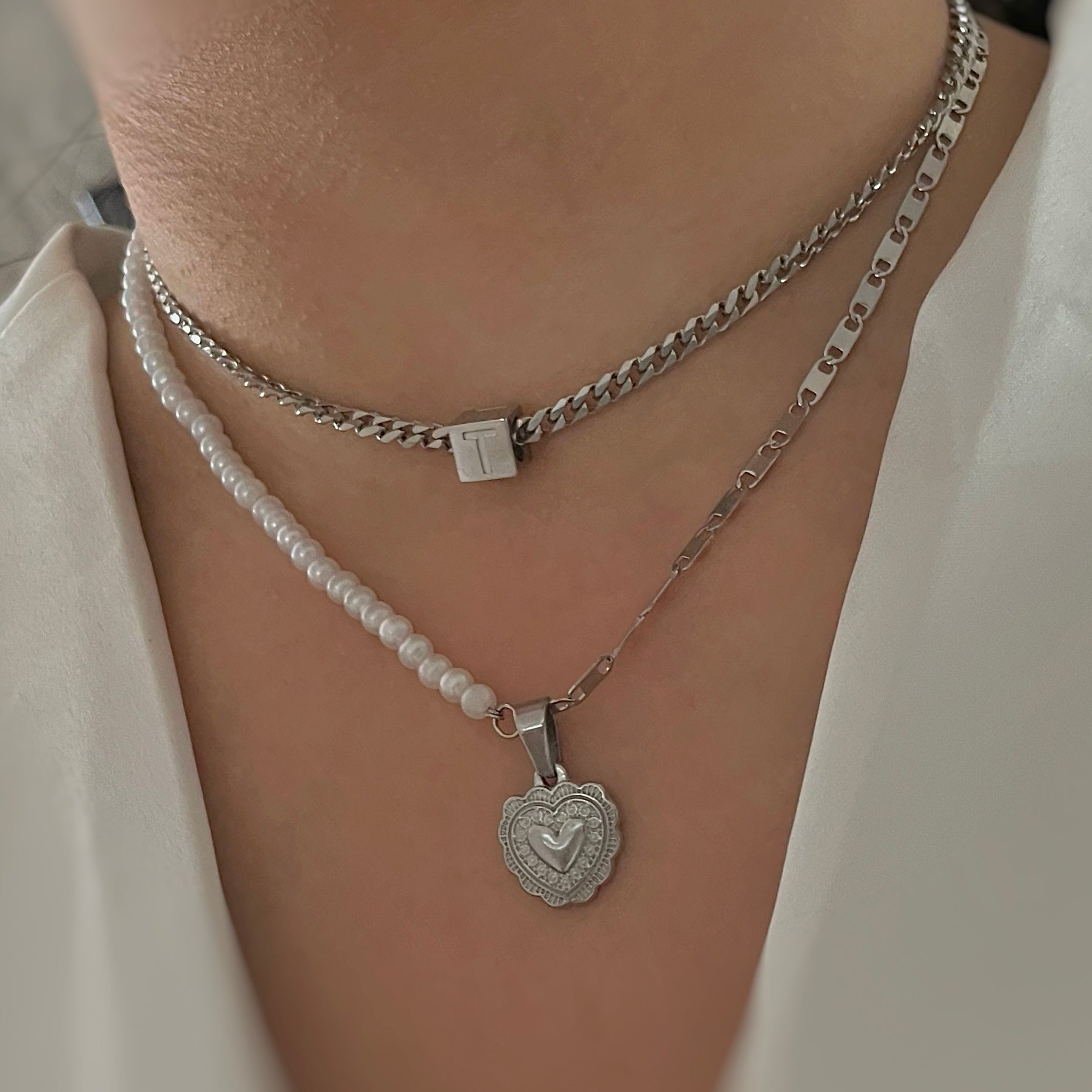 cube initial necklace and pearl necklace