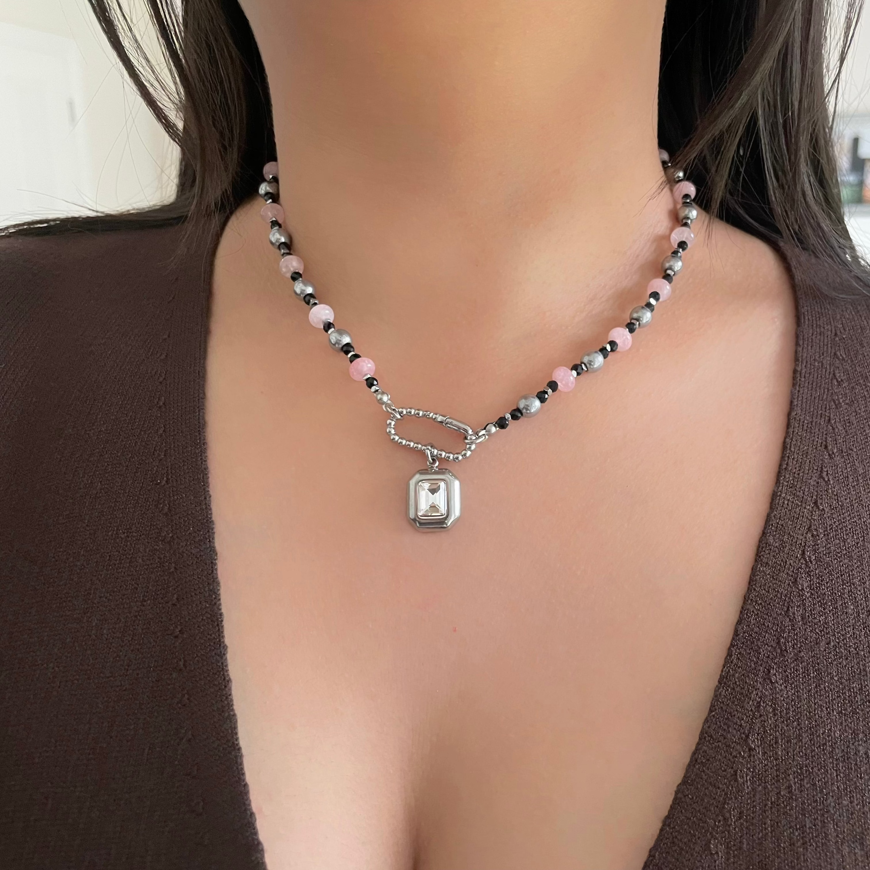 Pink Sugar Haze Bezel Necklace Silver