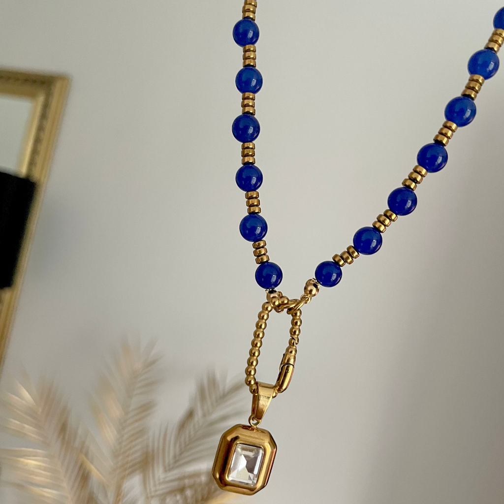 uk jewellery - sapphire bead necklace with bezel charm