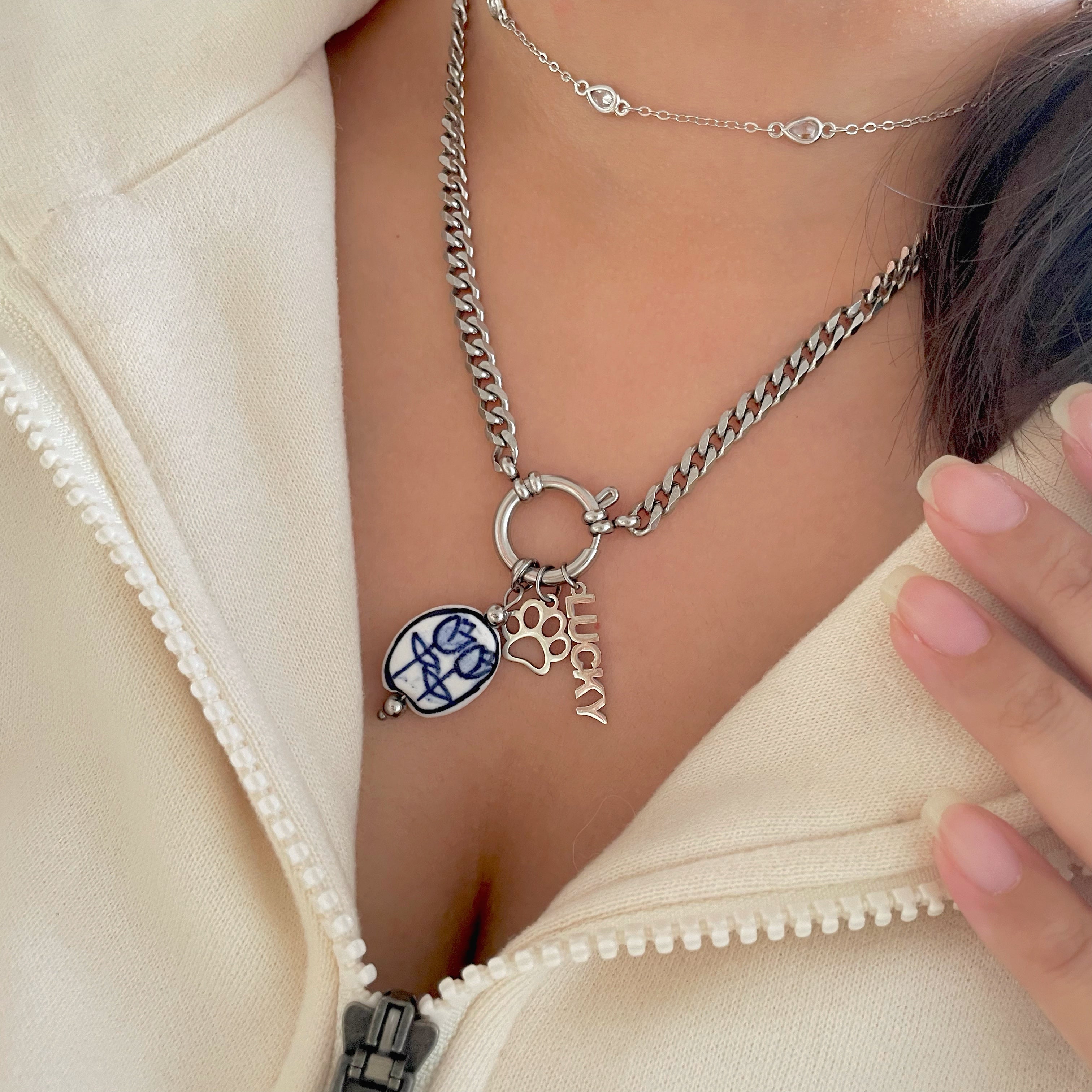 Grand Cuban Charm Necklace Silver