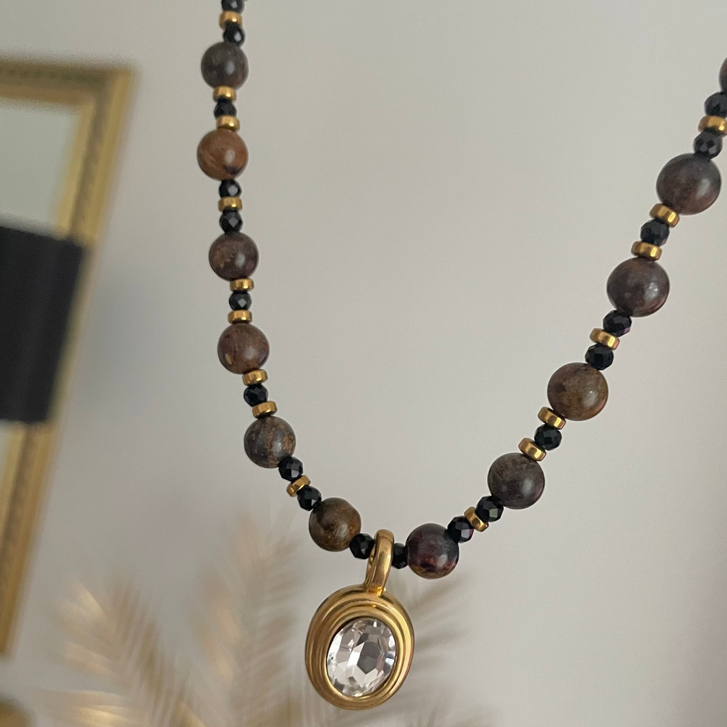 bezel necklace with gold beads and brown beads