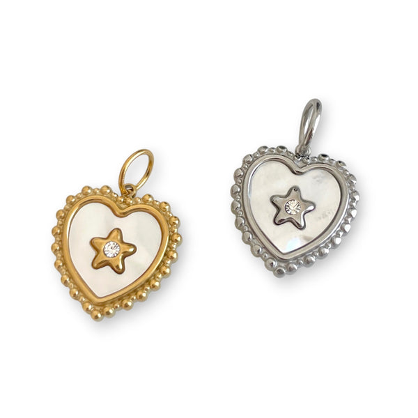 Two heart-shaped pendants, one gold and one silver, on a white background.