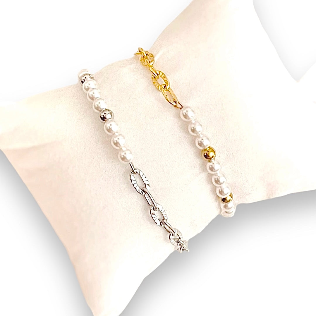 gold beaded bracelet and silver beaded bracelet
