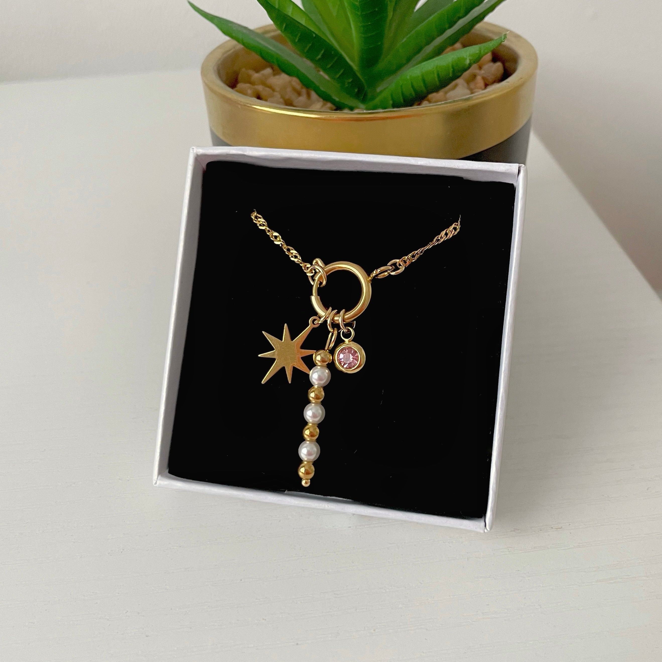 gold charm necklace with birthstone charm
