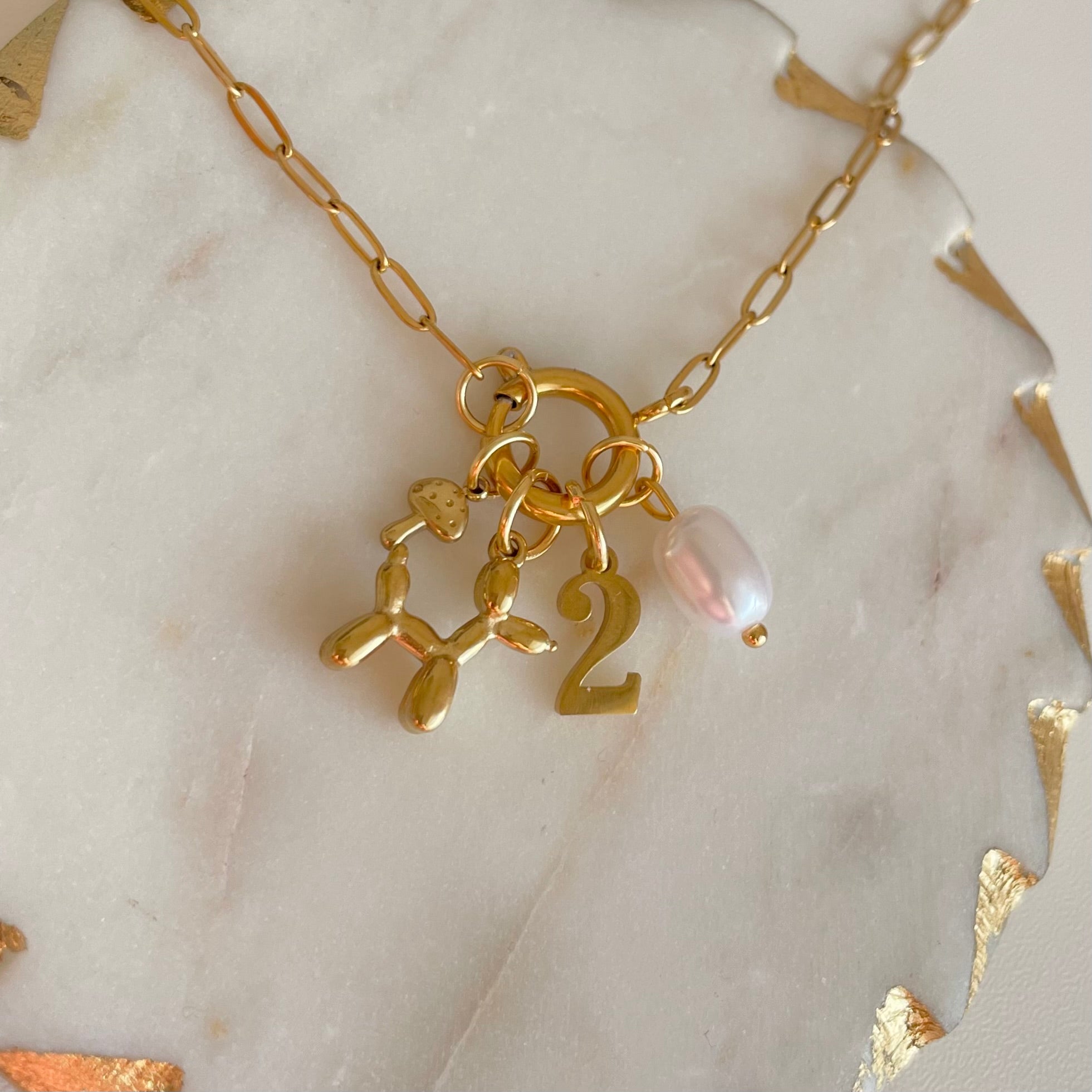 gold charm necklace with dog charm and number charm