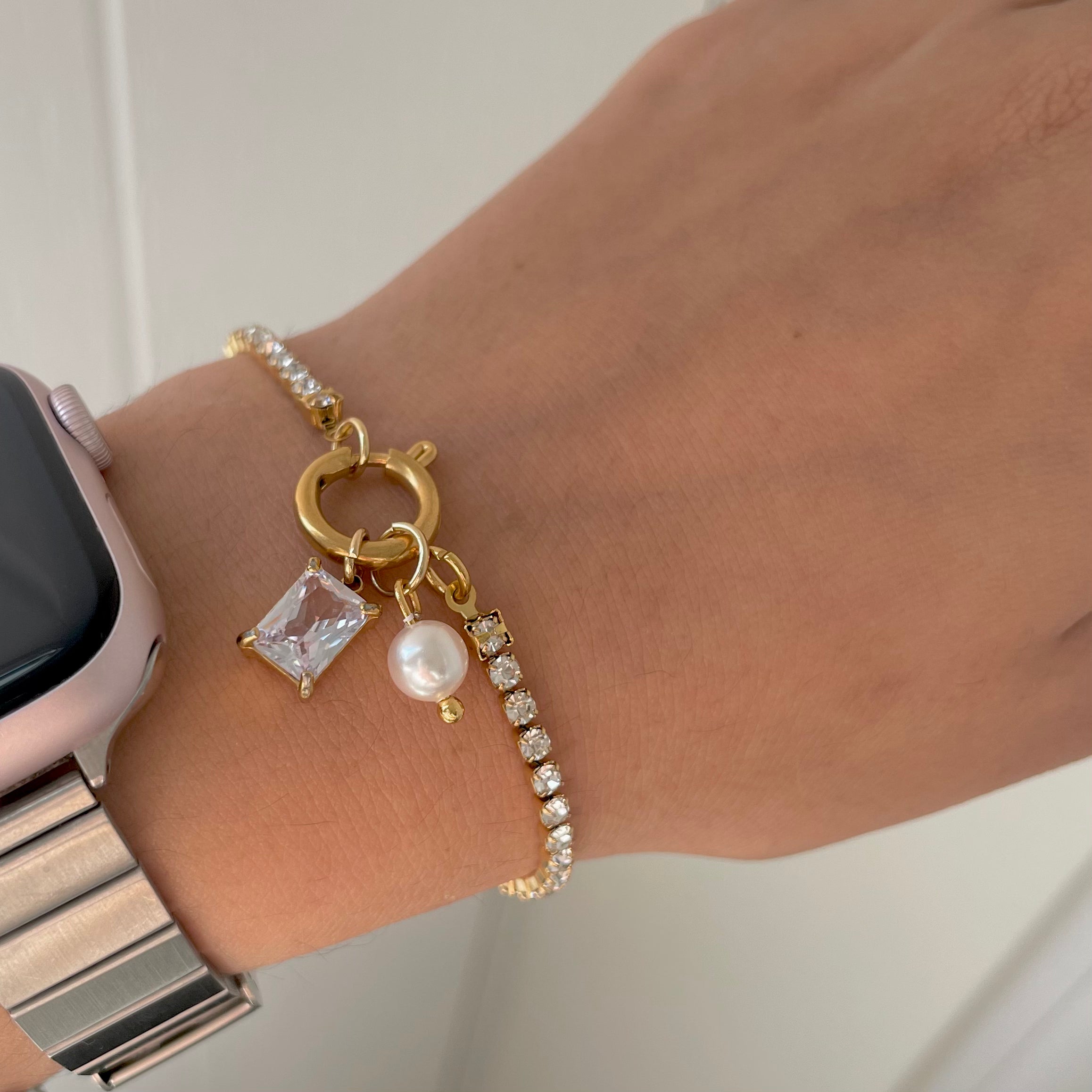 Tennis Charm Bracelet Gold with pearl charm and rectangle crystal charm