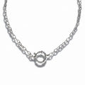 A silver charm necklace with a round clasp, no charms attached.
