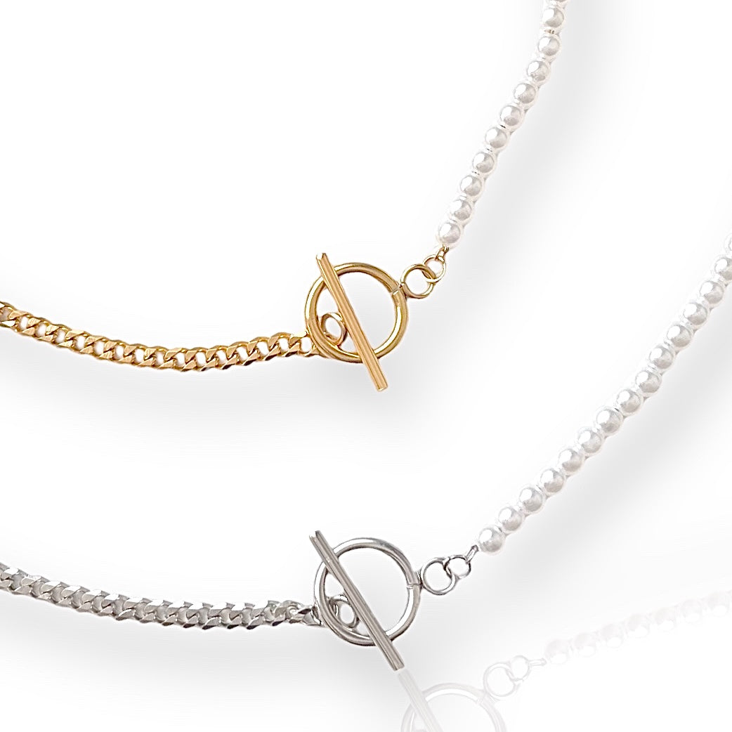 half pearl half chain toggle necklace