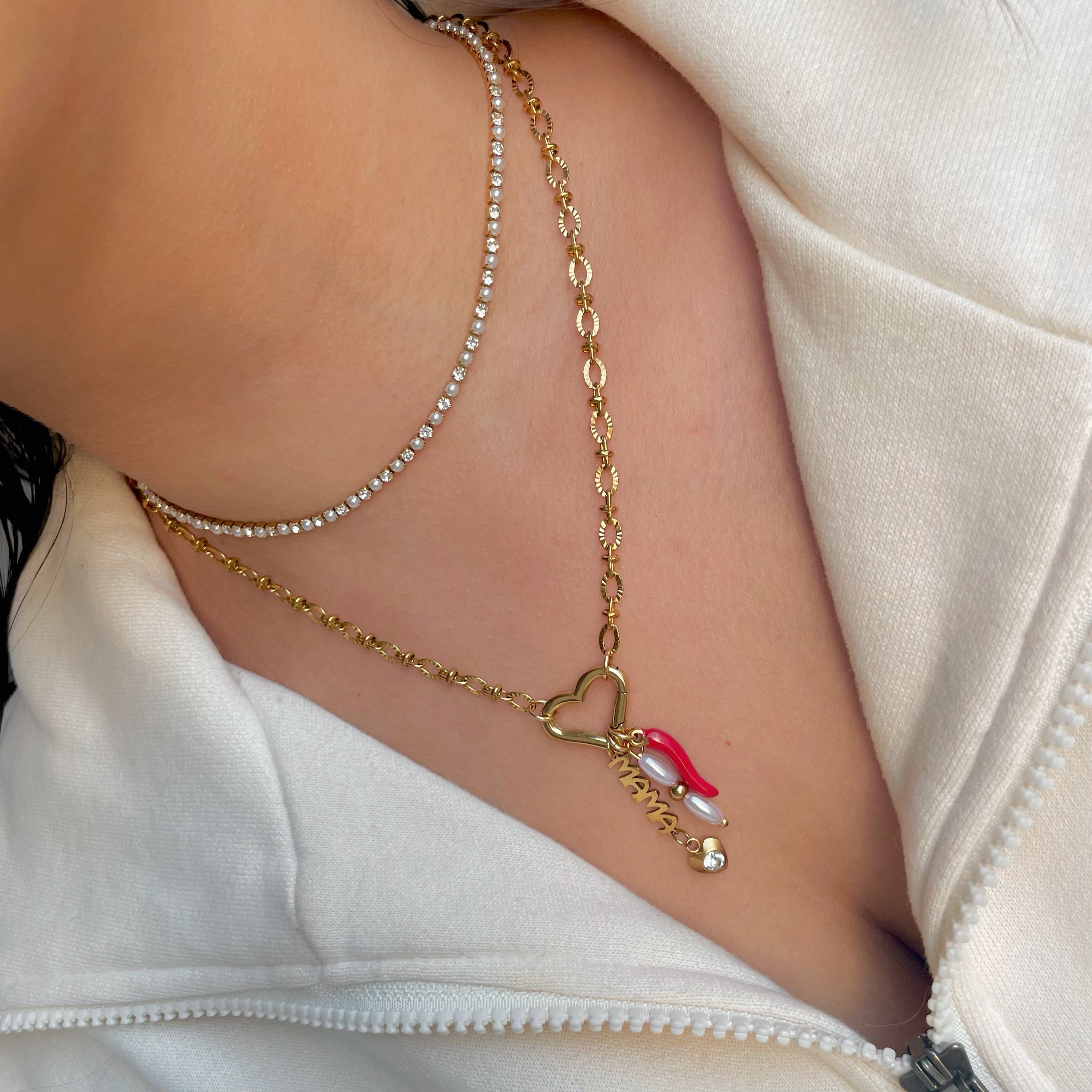 Heart Charm Necklace Gold with Gold Pearl Tennis Necklace